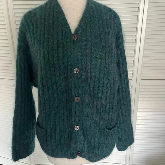 Vintage Express green cardigan sweater mohair button front chunky knit medium - Picture 1 of 9